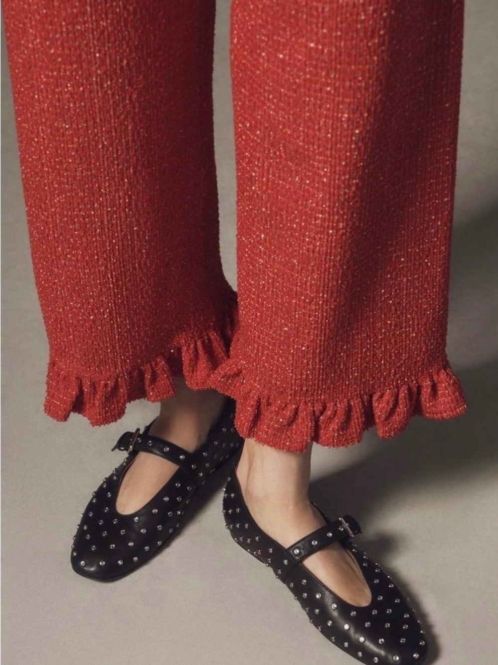 Anthropologie Maeve - Women's Red Ruffle-Hem Wide Leg Pants - Picture 4 of 4